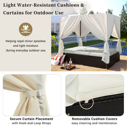 U_Style Outdoor Double Chaise Lounge Daybed with Curtains