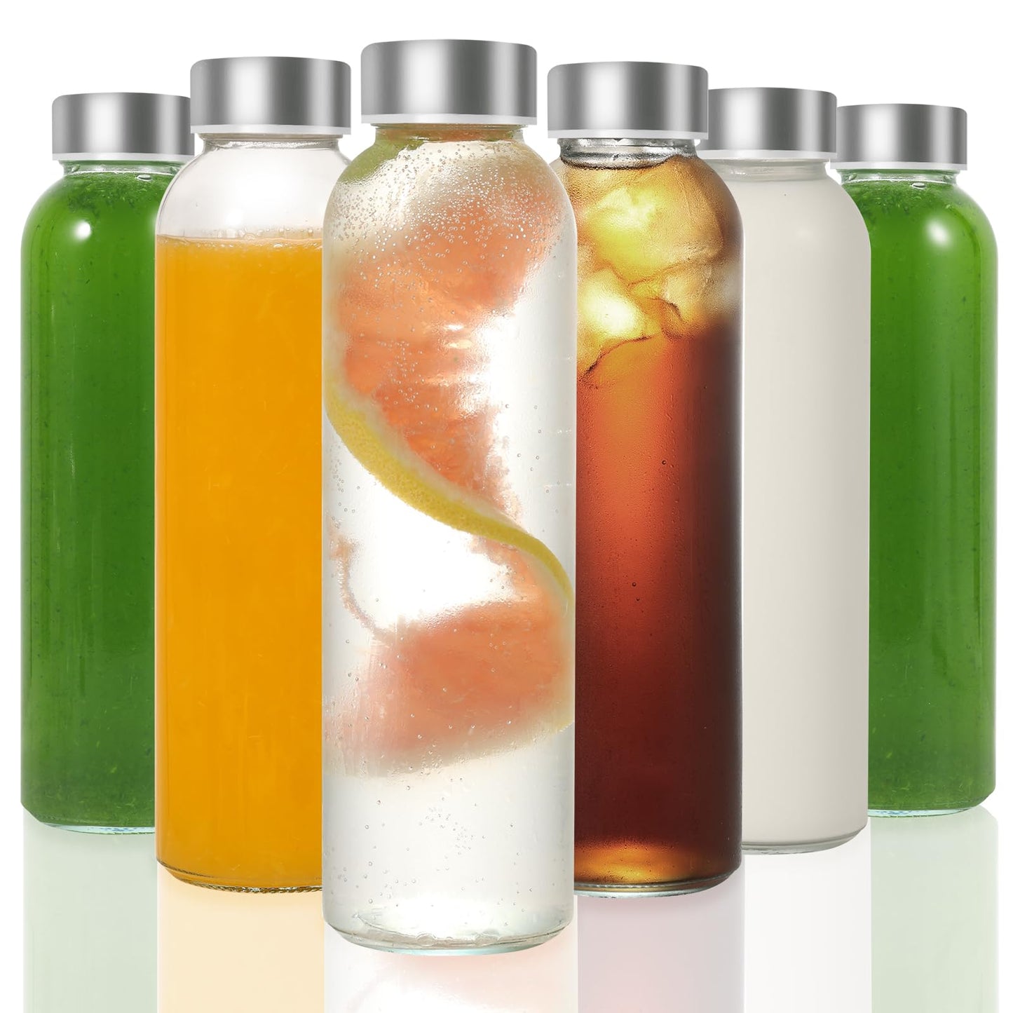 Danmu Glass Juice Bottles with Lids 16 ozGlass Juice Bottles for JuicingReusable Glass Water BottlesGlass Bottles with Lids for Water Kombucha Boba MilkCoffee Fruit Drinks6 Pack