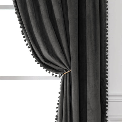 Victree Pom Pom Velvet Curtains for Bedroom Blackout Curtains 52 x 84 inch Length - Room Darkening Sun Light Blocking Rod Pocket Window Drapes for Living Room 2 Panels Dark Grey