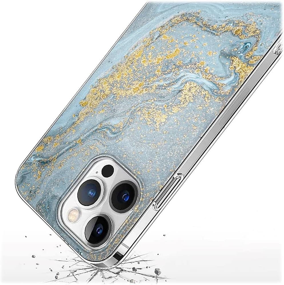 iPhone 14 Pro Max 6.7-inch Protection Kit Bundle - Marble Series Case with Tempered Glass Screen and Camera Protector (Blue Marble)