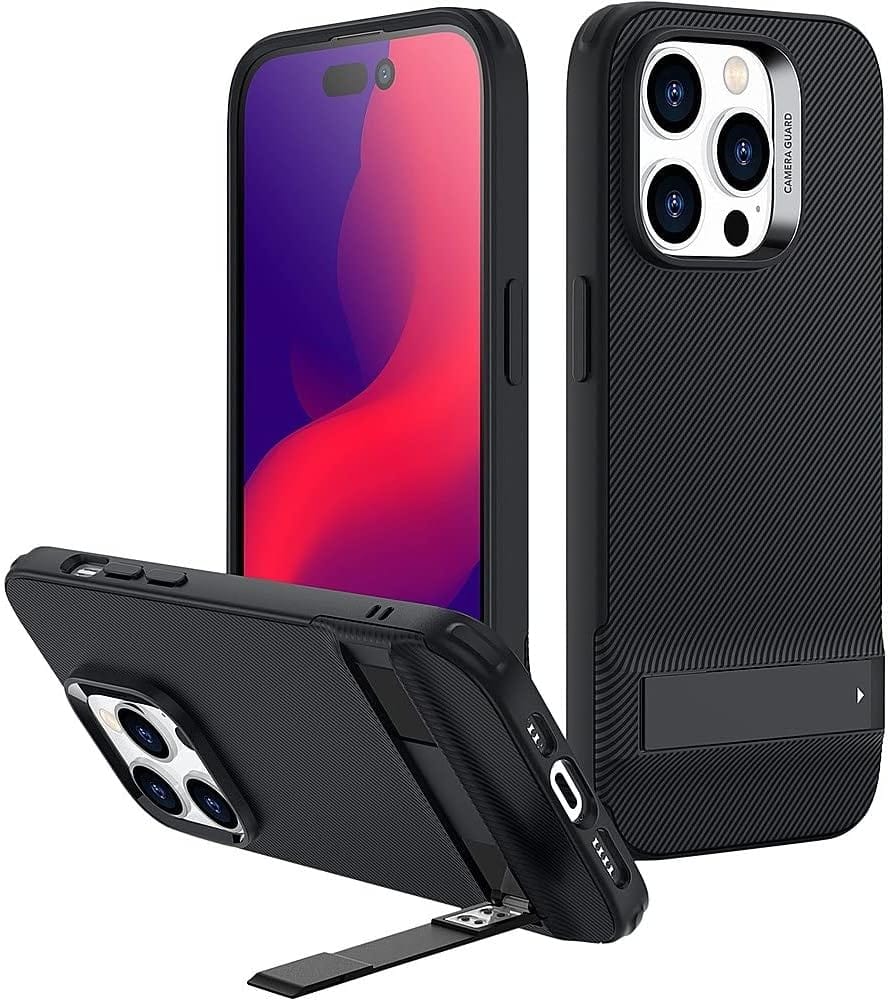 iPhone 14 Pro 6.1-inch Protection Kit Bundle - AirShield Boost Kickstand Series Case with Tempered Glass Screen and Camera Protector - Black