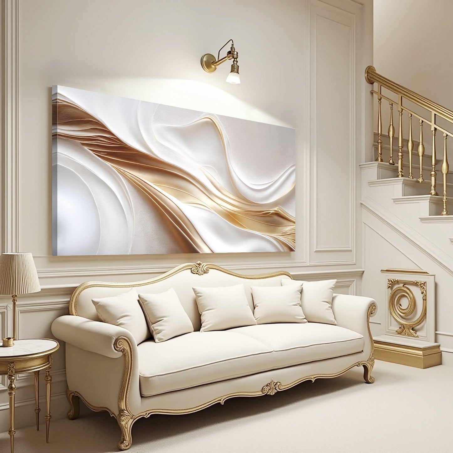 Golden Linework on White Wall Art