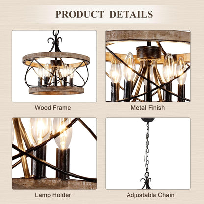 5-Light Farmhouse Drum Wood Chandelier