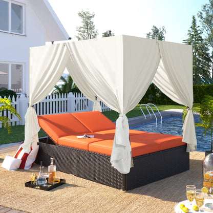 U_Style Outdoor Double Chaise Lounge Daybed with Curtains