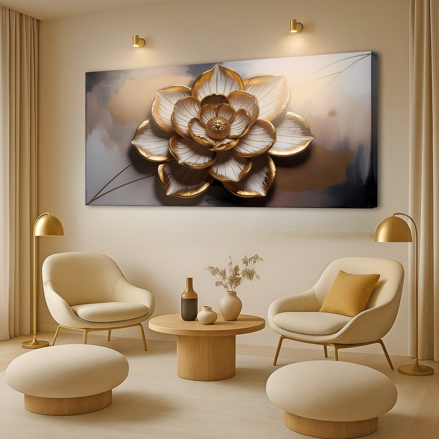 Golden Lotus Linework Wall Art