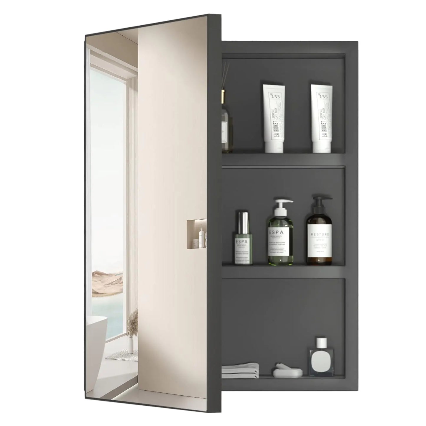 Farmhouse Black Bathroom Medicine Cabinet with Mirror Square Rectangle Single Door Recessed or Surface Wall Mounted Aluminum Bathroom Medicine Cabinet Modern Vanity Mirror 16" W x 22" H