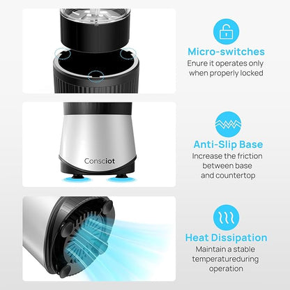 Consciot CB08 16-Piece Blender & Grinder Combo for Kitchen and Personal Size, Blend Shakes and Smoothies, Frozen Drinks, Baby Food, Spreads & More, 4 BPA-Free Portable To-Go Cups, 900 Peak Watts
