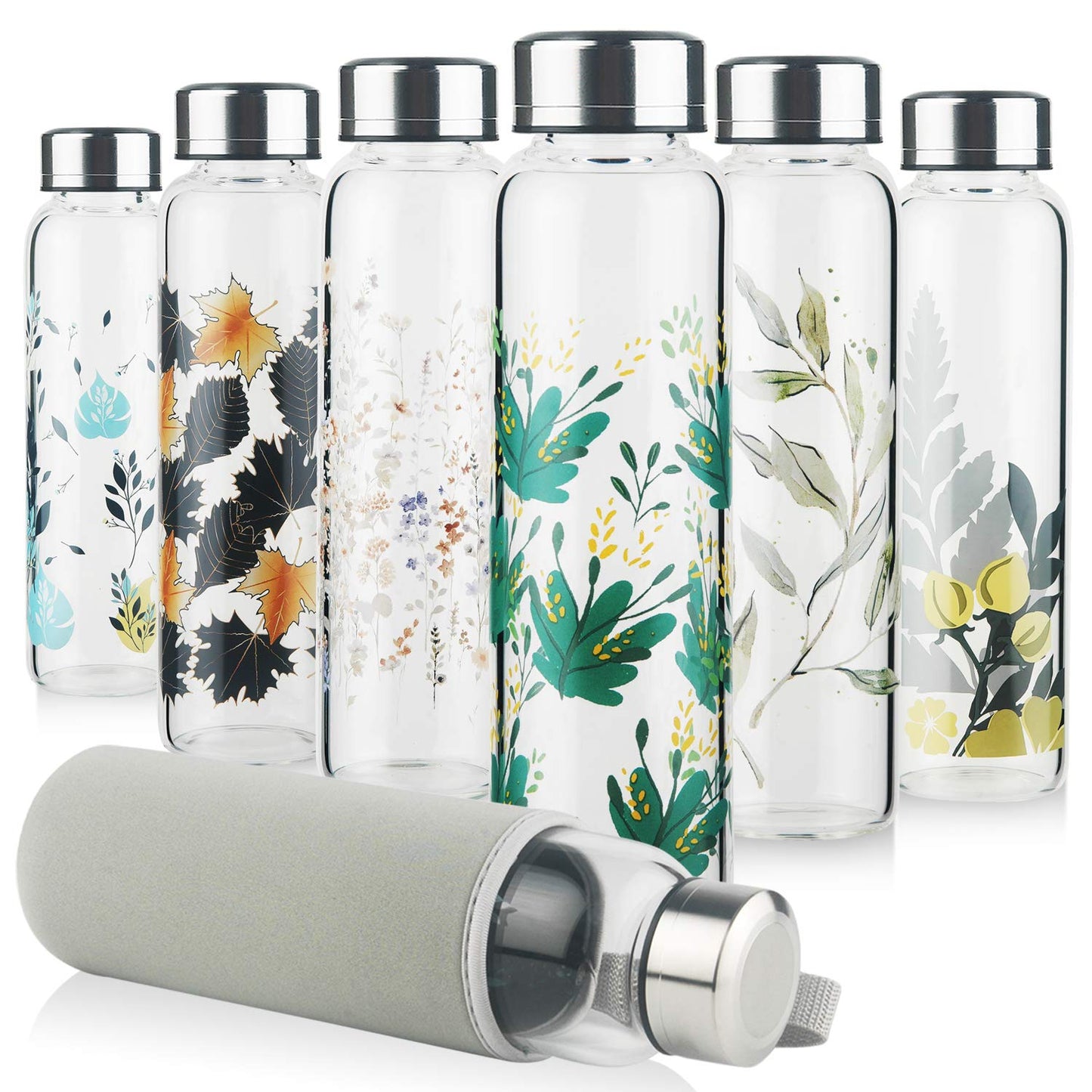 Reeho Borosilicate Glass Water Bottle Sports Glass Drinking Bottle with Neoprene Sleeve and Stainless Steel Lid 16oz / 32oz