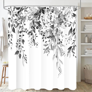 Nuseiis Black White Eucalyptus Leaves Shower Curtains 72x72 Inch Waterproof Fabric Watercolor Floral Stylish Bathroom Shower Curtain with Hooks