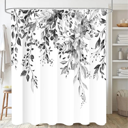 Nuseiis Black White Eucalyptus Leaves Shower Curtains 72x72 Inch Waterproof Fabric Watercolor Floral Stylish Bathroom Shower Curtain with Hooks
