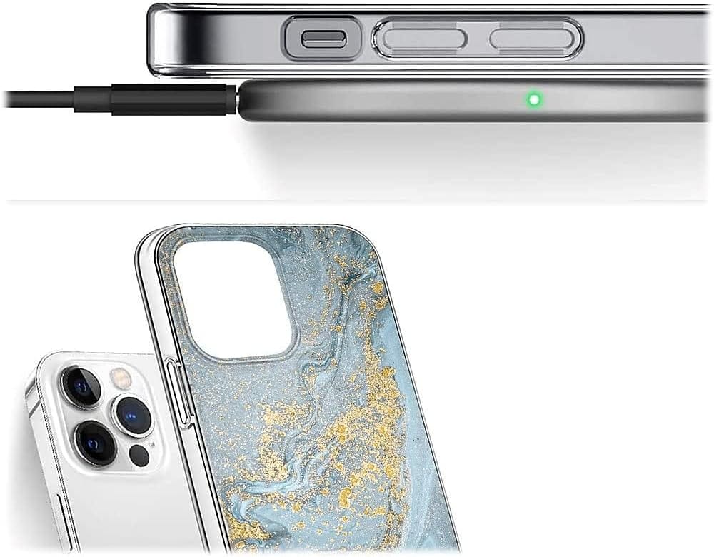 iPhone 14 Pro 6.1-inch Protection Kit Bundle - Marble Series Case with Tempered Glass Screen and Camera Protector (Blue Marble)
