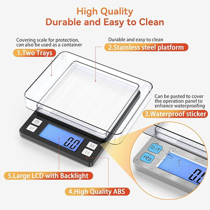 BOMATA Upgraded Small Food Scale, 0.1 g/0.001 oz High Precision, 3000 g/6.6 lb, with New Hold Function and Larger Display, USB Rechargeable, Digital Kitchen Scale for Small Item, Jewelry. Black