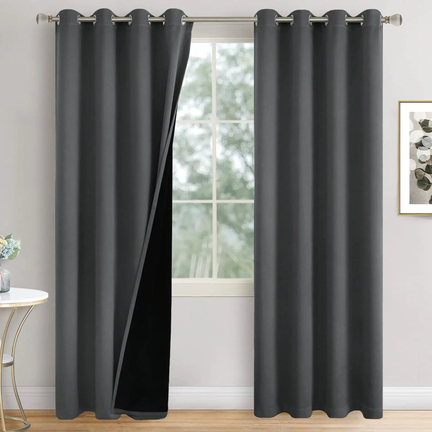 QUEMAS Dark Grey Blackout Curtains 84 Inch Length 2 Panels Set for Living Room Thermal Insulated 100% Light Blocking Soundproof Grommet Window Curtains for Bedroom with Black Liner Each 52 Inch Wide