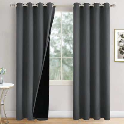 QUEMAS Dark Grey Blackout Curtains 84 Inch Length 2 Panels Set for Living Room Thermal Insulated 100% Light Blocking Soundproof Grommet Window Curtains for Bedroom with Black Liner Each 52 Inch Wide
