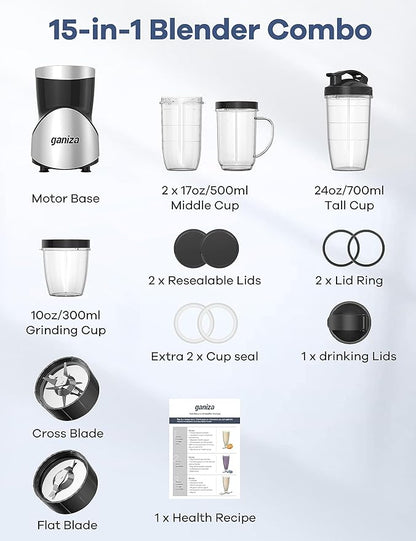 Ganiza Smoothie Blender, 900W Blenders for Shakes and Smoothies, 15-Piece Personal Blender and Grinder Combo for Kitchen, Smoothies Maker with 4 BPA-Free Portable Cup, Nutritious Recipe