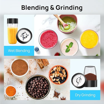 Consciot CB08 16-Piece Blender & Grinder Combo for Kitchen and Personal Size, Blend Shakes and Smoothies, Frozen Drinks, Baby Food, Spreads & More, 4 BPA-Free Portable To-Go Cups, 900 Peak Watts