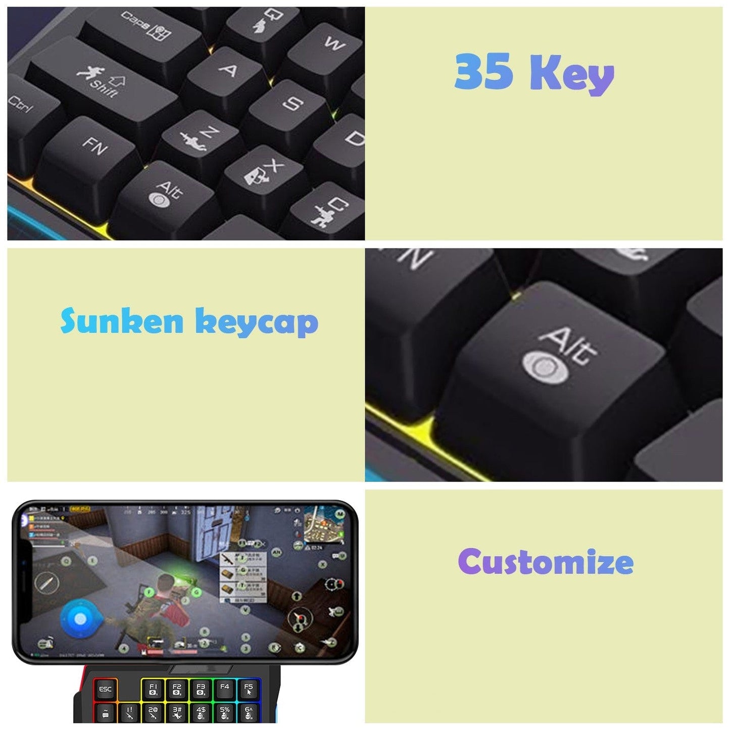 Ergonomic Wired Gaming Keyboard - LED Rainbow Backlight, 35-Key | Ultima Series