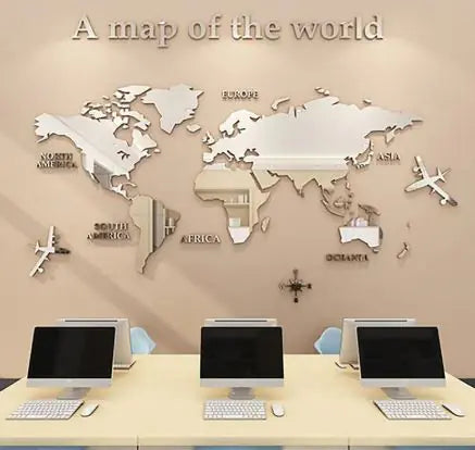 3D World Map Wall Mirror Sticker