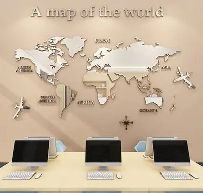 3D World Map Wall Mirror Sticker