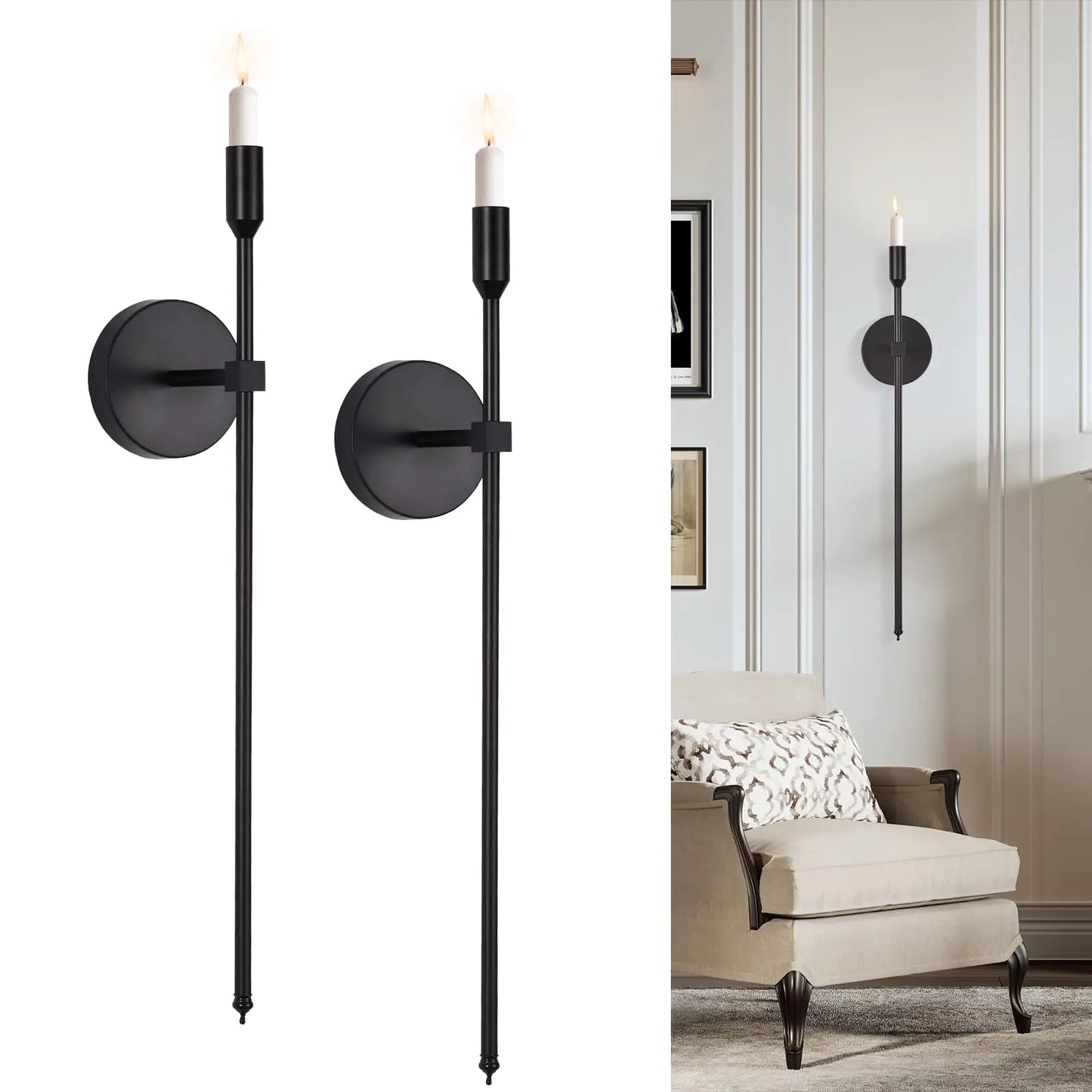 Black Candle Sconces Long Wall Candle Holder Set of 2 Large Wall Candle Sconce Modern Chic Home Decor for Bedroom Dining Room Living Room 23"
