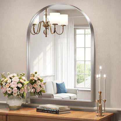 Brightify Arched Mirror Arched Wall Mirror 32 x 40 Inch Silver Arch Mirror Metal Frame Silver Bathroom Mirror Arched Top Bathroom Vanity Mirror for Living Room Bedroom Mantel Entryway Hallways