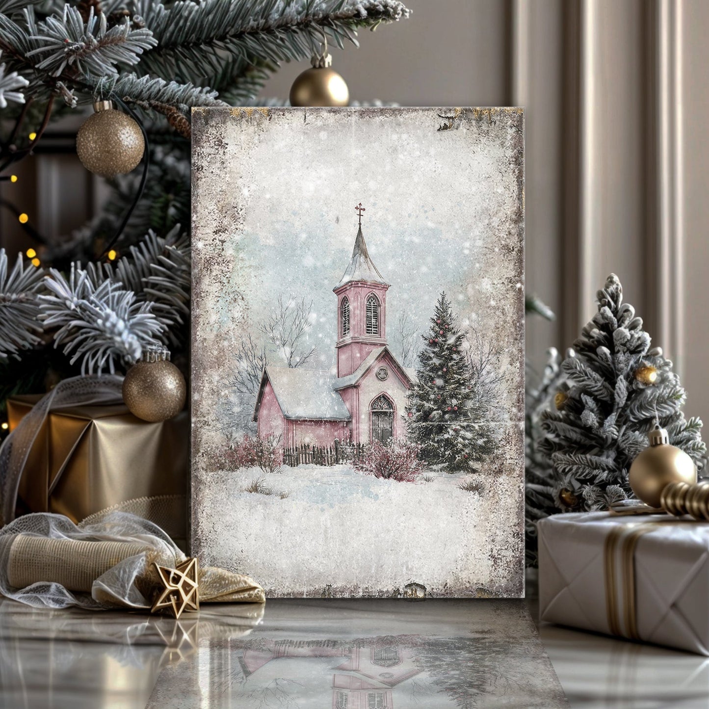 Holiday Church Scene – Vintage Edition Wall Art
