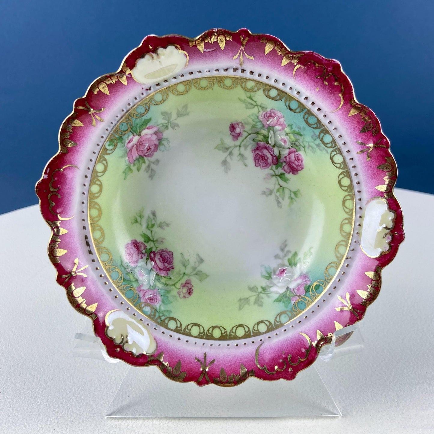 Antique Austrian Hand Painted Porcelain Serving Bowl with Matching Salad Dessert Bowls. Rose Motif Ornate Scalloped Edge. Dining Room Decor.
