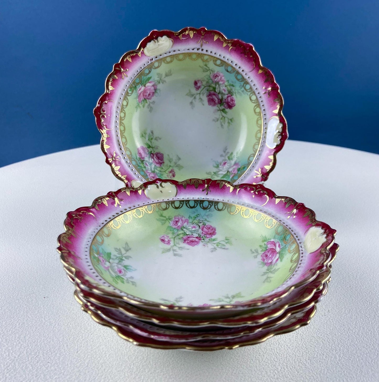 Antique Austrian Hand Painted Porcelain Serving Bowl with Matching Salad Dessert Bowls. Rose Motif Ornate Scalloped Edge. Dining Room Decor.