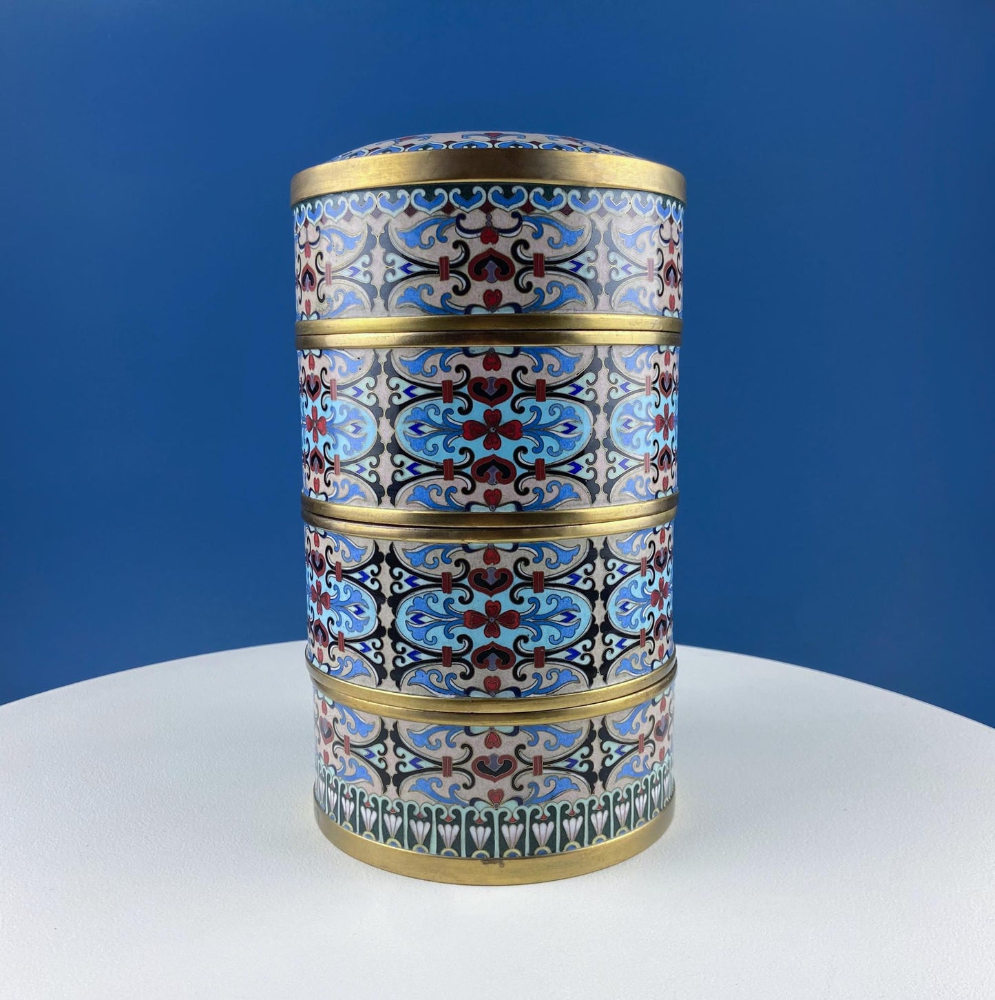 Antique Chinese Cloisonne Stackable Boxes. Set of 4 Bowls. Brass Trims. Food Carrier Trinket Storage. Ethnic Art. Asian Ethnic Home Decor.