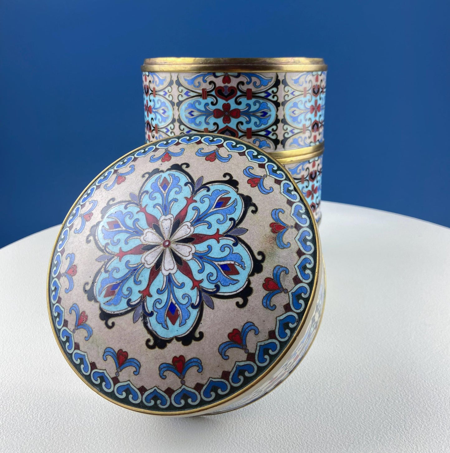 Antique Chinese Cloisonne Stackable Boxes. Set of 4 Bowls. Brass Trims. Food Carrier Trinket Storage. Ethnic Art. Asian Ethnic Home Decor.