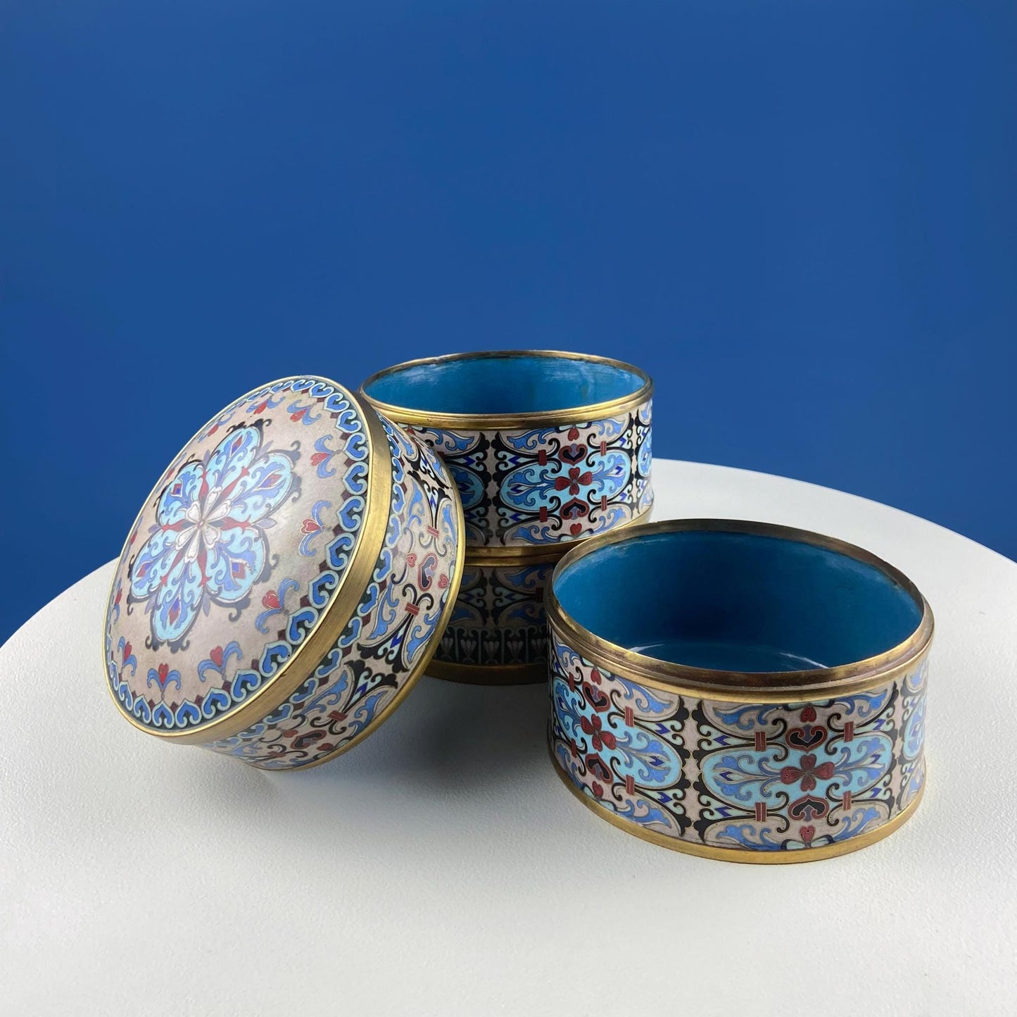 Antique Chinese Cloisonne Stackable Boxes. Set of 4 Bowls. Brass Trims. Food Carrier Trinket Storage. Ethnic Art. Asian Ethnic Home Decor.