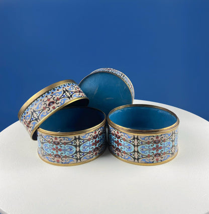 Antique Chinese Cloisonne Stackable Boxes. Set of 4 Bowls. Brass Trims. Food Carrier Trinket Storage. Ethnic Art. Asian Ethnic Home Decor.