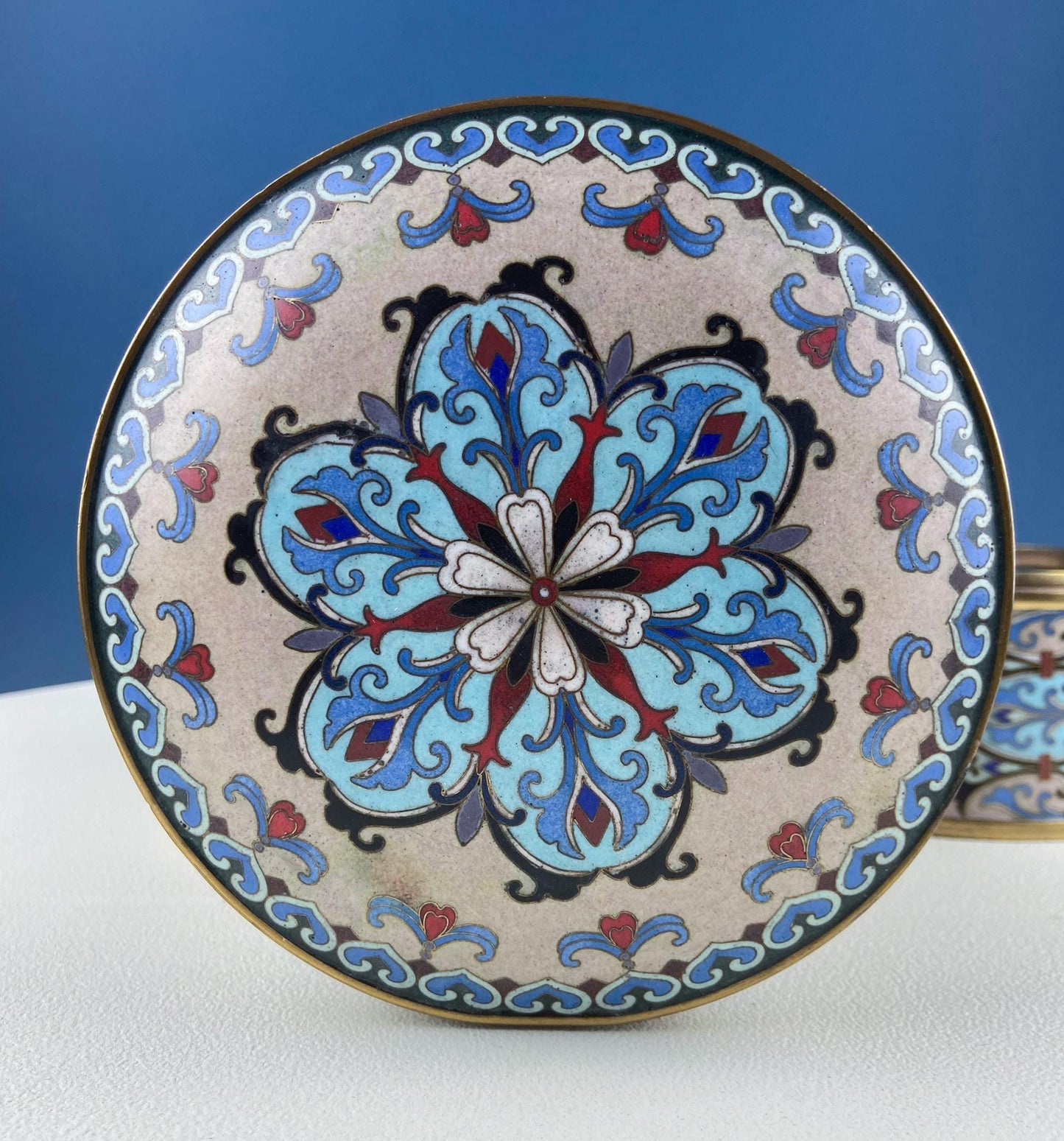 Antique Chinese Cloisonne Stackable Boxes. Set of 4 Bowls. Brass Trims. Food Carrier Trinket Storage. Ethnic Art. Asian Ethnic Home Decor.