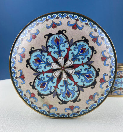 Antique Chinese Cloisonne Stackable Boxes. Set of 4 Bowls. Brass Trims. Food Carrier Trinket Storage. Ethnic Art. Asian Ethnic Home Decor.