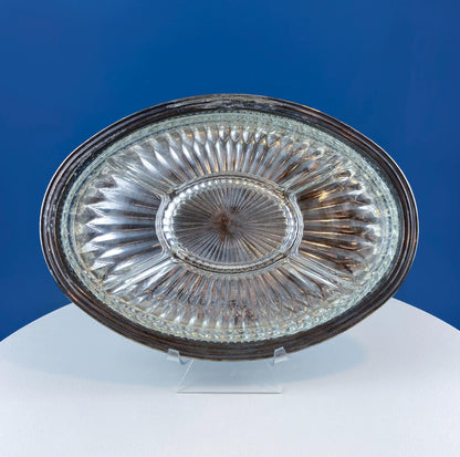 Antique Oval Silver & Glass Serving Platter. Godinger Silver Art. Fluted Glass with Etched Reticulated Silver Tray. Hosting Essential.