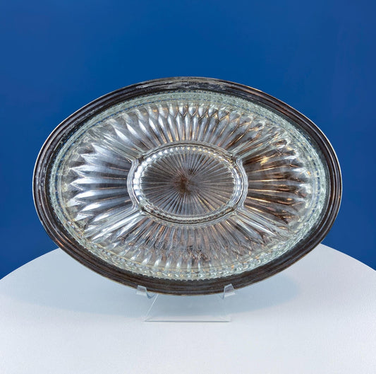 Antique Oval Silver & Glass Serving Platter. Godinger Silver Art. Fluted Glass with Etched Reticulated Silver Tray. Hosting Essential.