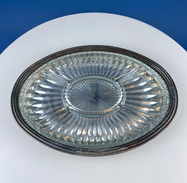 Antique Oval Silver & Glass Serving Platter. Godinger Silver Art. Fluted Glass with Etched Reticulated Silver Tray. Hosting Essential.