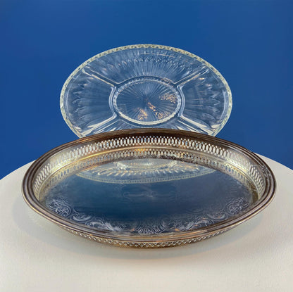 Antique Oval Silver & Glass Serving Platter. Godinger Silver Art. Fluted Glass with Etched Reticulated Silver Tray. Hosting Essential.