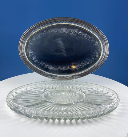 Antique Oval Silver & Glass Serving Platter. Godinger Silver Art. Fluted Glass with Etched Reticulated Silver Tray. Hosting Essential.