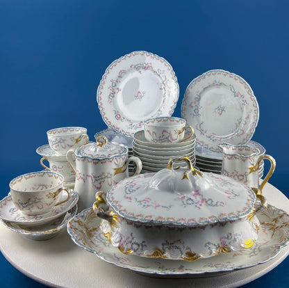 Antique Limoges Breakfast Lunch Dish Set for 8. Floral Motif: Forget-me-Nots Tea Roses. French Country Living. Dining Tea Room Decor.