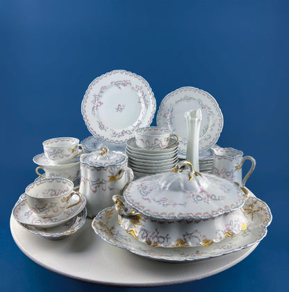 Antique Limoges Breakfast Lunch Dish Set for 8. Floral Motif: Forget-me-Nots Tea Roses. French Country Living. Dining Tea Room Decor.