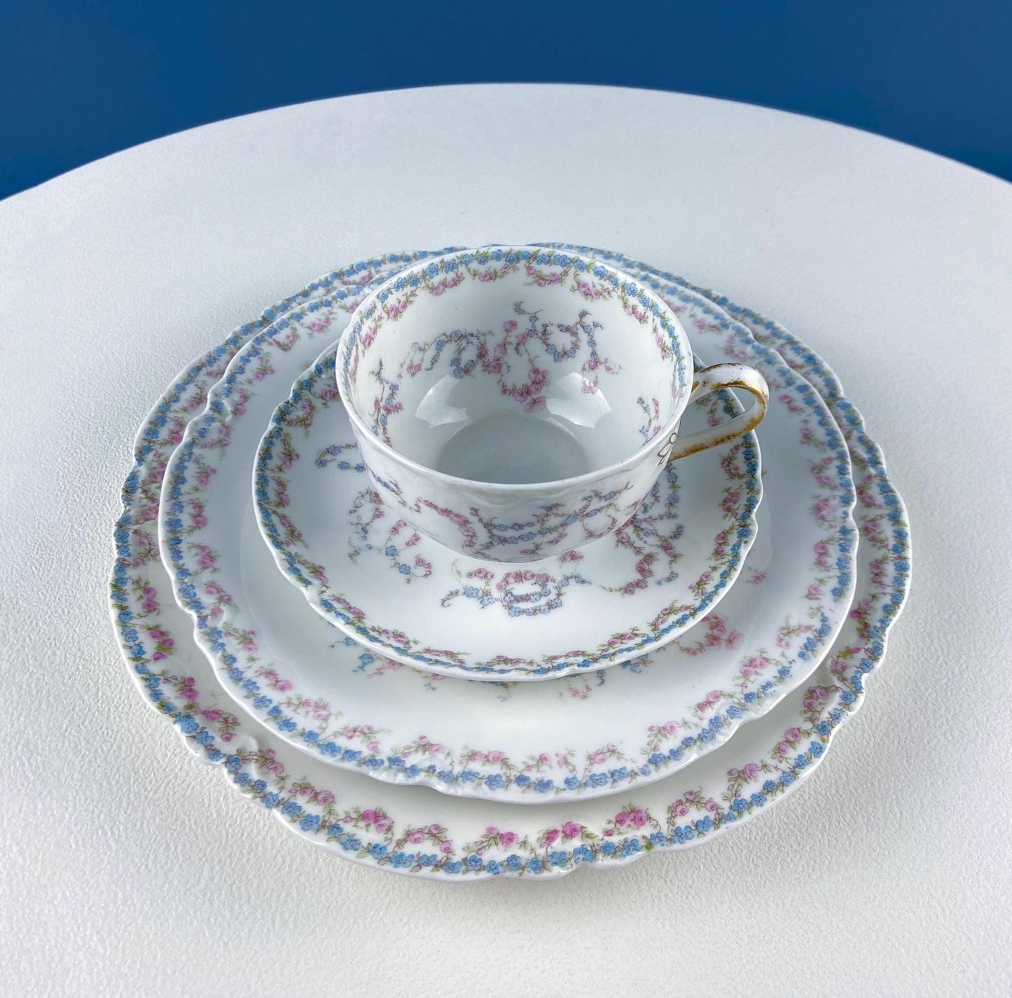 Antique Limoges Breakfast Lunch Dish Set for 8. Floral Motif: Forget-me-Nots Tea Roses. French Country Living. Dining Tea Room Decor.