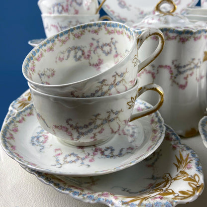 Antique Limoges Breakfast Lunch Dish Set for 8. Floral Motif: Forget-me-Nots Tea Roses. French Country Living. Dining Tea Room Decor.