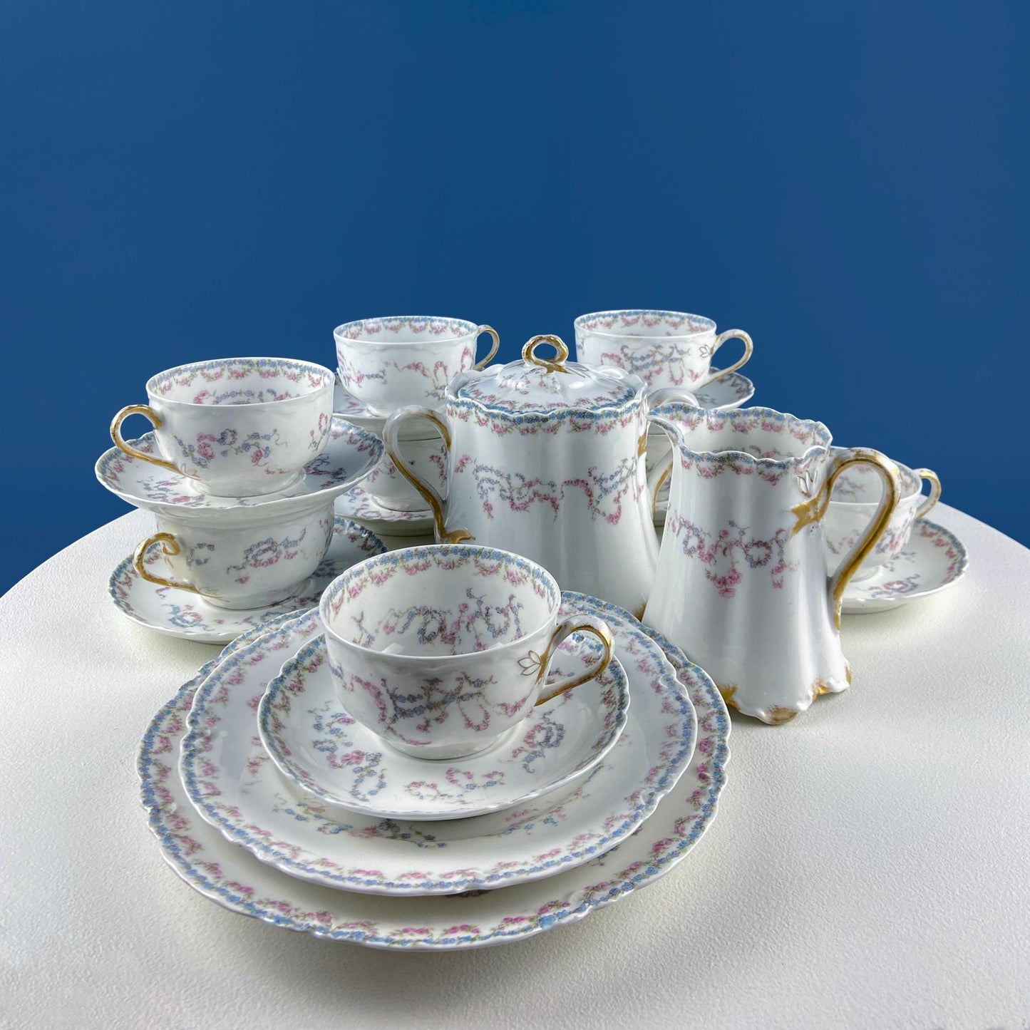 Antique Limoges Breakfast Lunch Dish Set for 8. Floral Motif: Forget-me-Nots Tea Roses. French Country Living. Dining Tea Room Decor.