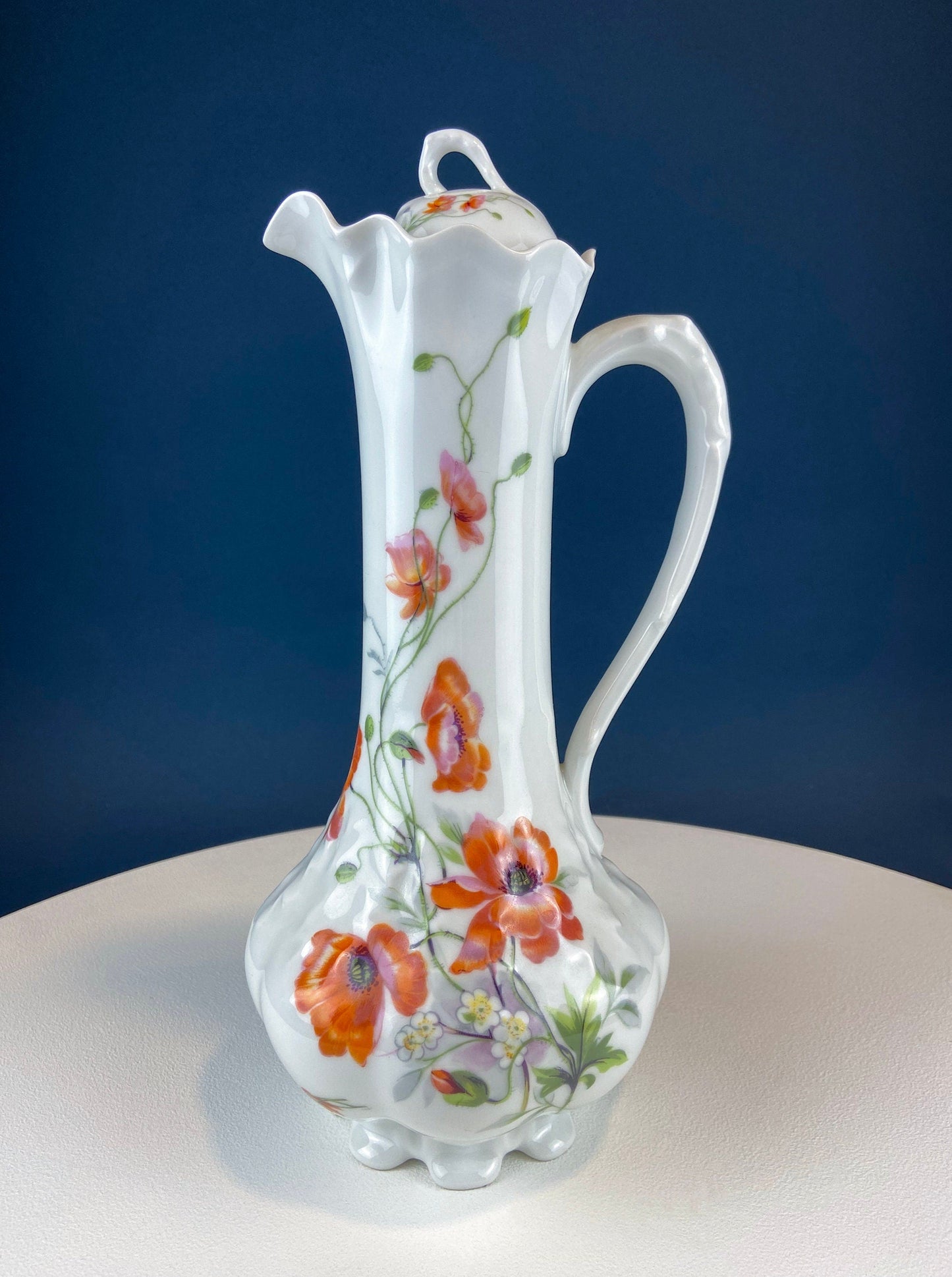 Antique Limoges Coffee Pot or TeaPot. Tall 12-Inch Stunning Vase. Hand-Painted Red Poppies. Beautiful Silhouette. Bohemian Chic.
