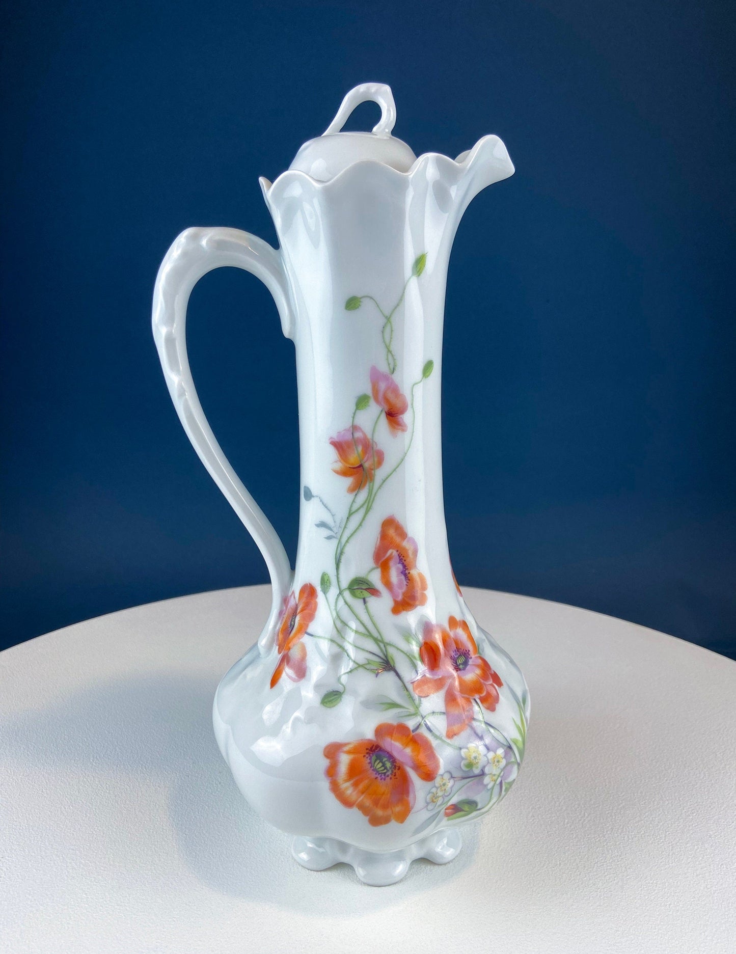 Antique Limoges Coffee Pot or TeaPot. Tall 12-Inch Stunning Vase. Hand-Painted Red Poppies. Beautiful Silhouette. Bohemian Chic.
