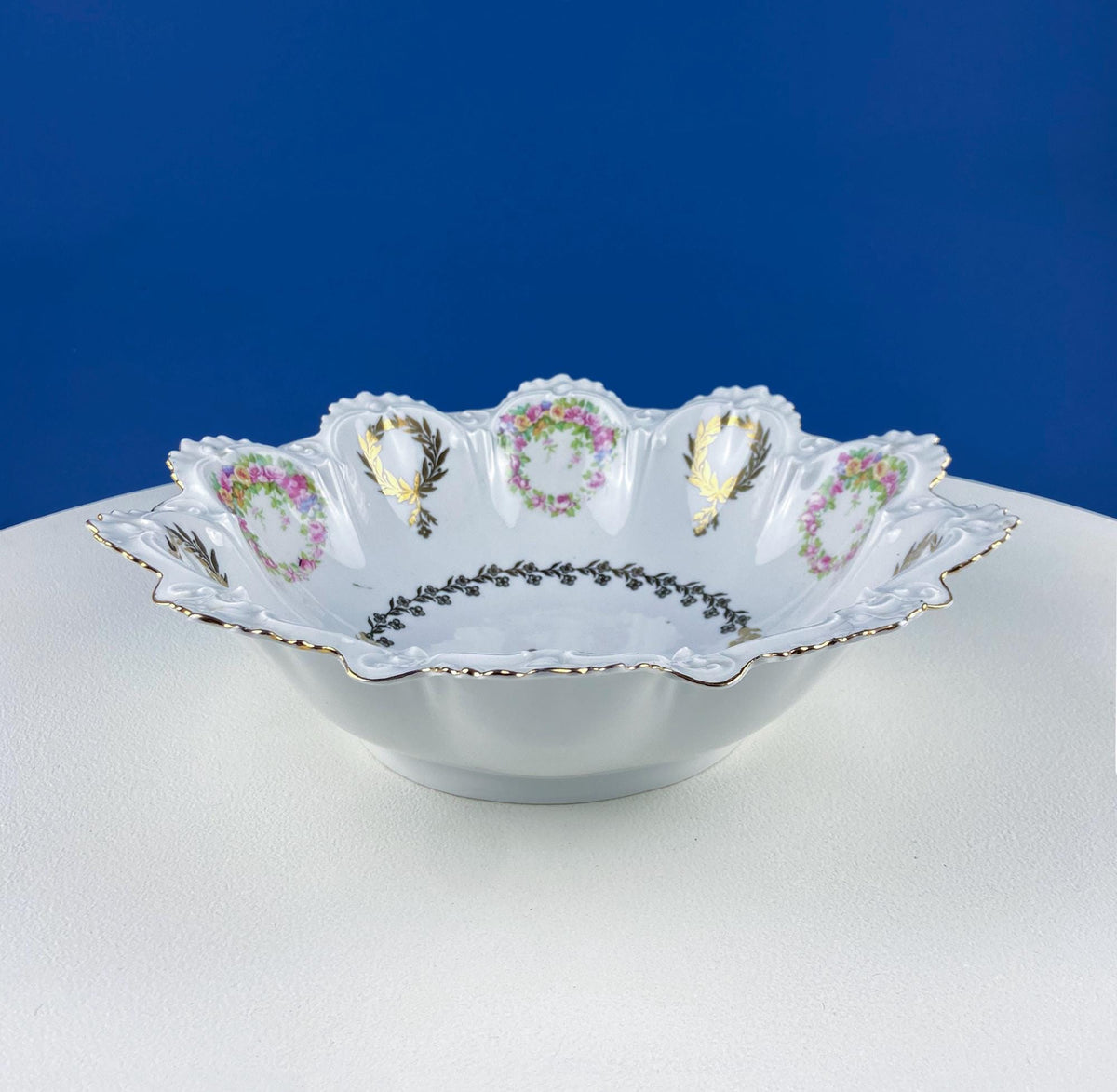 Antique Porcelain Serving Bowl with Scalloped Brim. Gold Laurel Leaf Motif & Rose Garlands. Fine Austrian Porcelain. Kitchen Table Decor.