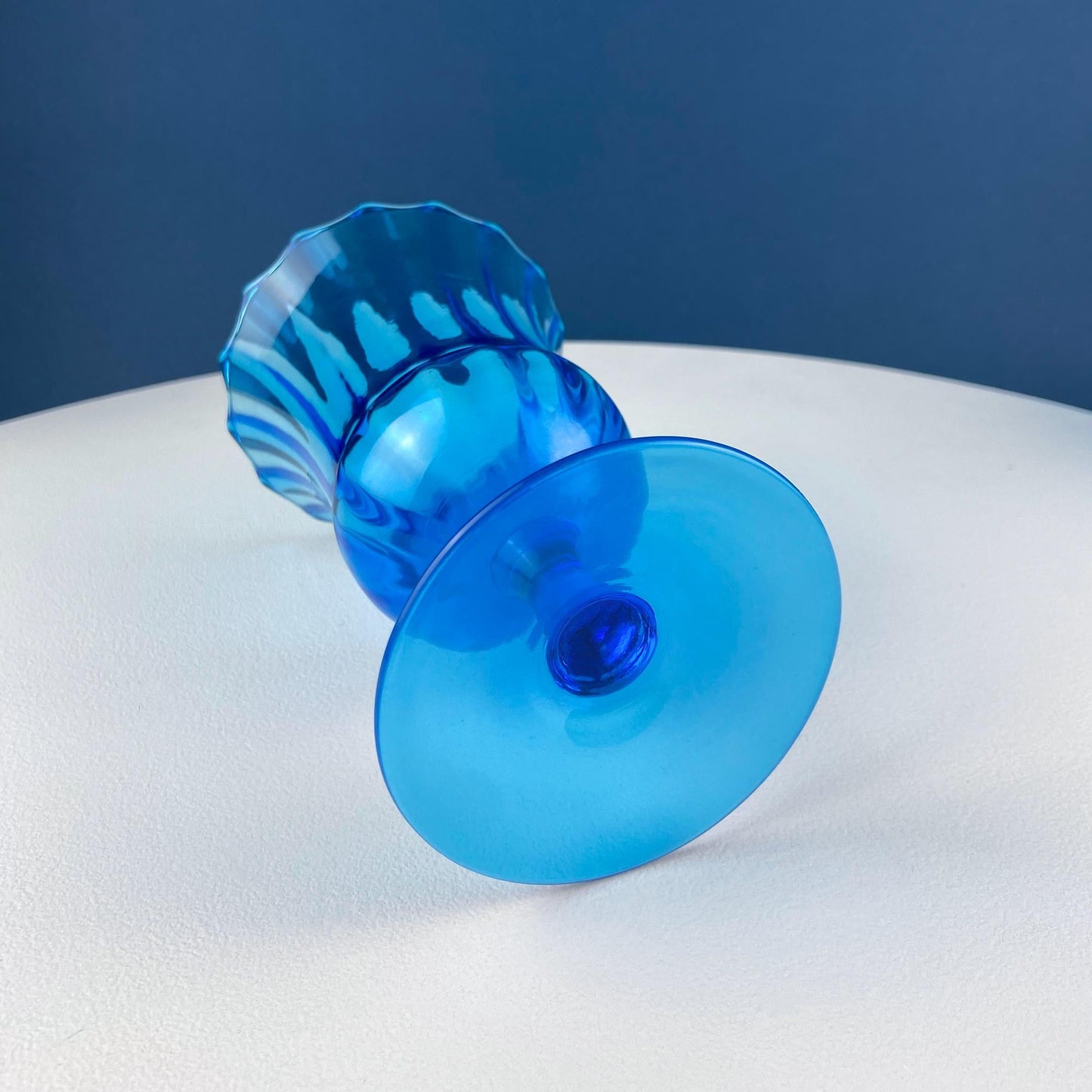 Blue Hand-Blown Glass Footed Vase. Large Goblet with Thumb Print Motif. Collectible Modern Glass. Home or Retail Decor. Interior Design Idea