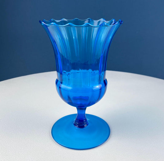 Blue Hand-Blown Glass Footed Vase. Large Goblet with Thumb Print Motif. Collectible Modern Glass. Home or Retail Decor. Interior Design Idea