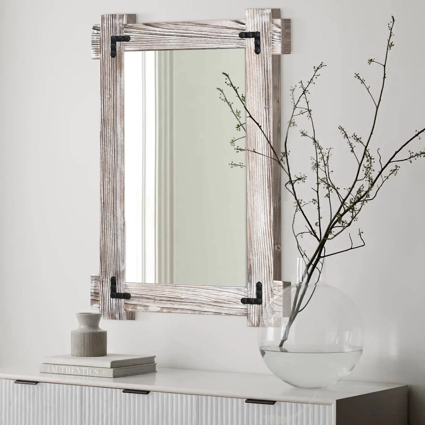 MeMoreCool Farmhouse Rustic Wood Framed Bathroom Mirror Decorative Wall Mounted Rectangular Mirror for Bedroom Living Room or Bathroom 40x28 Inch White